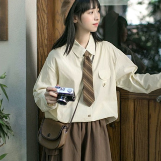 【Joybuy】日系棉質學院風領帶長袖襯衫 女生春季秋季新款夏季韓版寬鬆小個子上衣襯衫外套防曬衫女裝