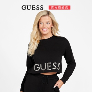 【GUESS】水鑽字母LOGO短版上衣 長袖-兩色任選