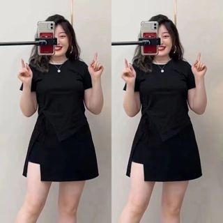 【現*貨】佰分佰/100kg內可穿/大尺碼/夏天套裝/大碼女裝/新款/不規則抽繩上衣/短袖T恤/半身裙套裝/女生套裝