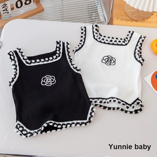 現貨24小時出貨🎈童裝 夏季 80-130碼 韓版 純棉刺繡花朵高階感拼色滾邊螺紋背心 娃娃衫 短袖上衣 女童女寶