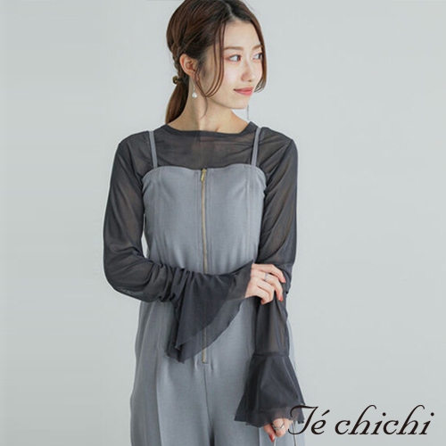 Te chichi 松井愛莉着用款-透明薄紗喇叭袖剪裁圓領上衣(FC42L1C0180)