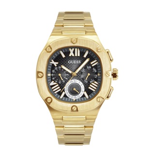 GUESS 手錶 | 金框 黑面 方型腕錶 三眼日期顯示 金色不鏽鋼錶帶 男錶 (GW0572G2)