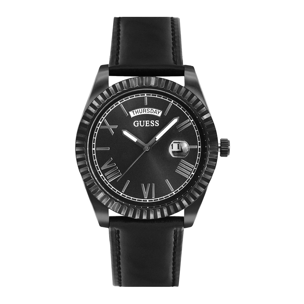 GUESS  手錶 | 黑框 黑面 星期日期顯示 黑色真皮牛皮錶帶 矽膠錶帶 帥氣男錶 (GW0353G1)