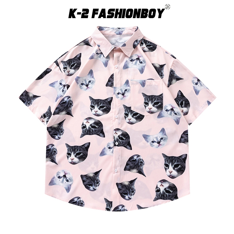 【K-2】滿版 超可愛 大頭貼 貓咪 粉色襯衫 口袋襯衫 短袖襯衫 穿搭 貓奴 熱愛小貓 情侶 寬鬆【H5643】