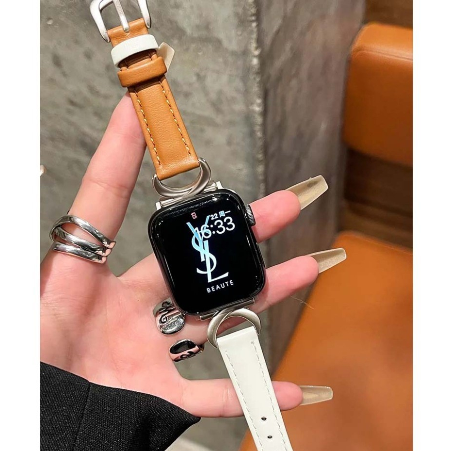 台湾出貨 Apple Watch 星光色拼牛皮錶帶 SE/S9/S8/S7/s6 iwatch錶帶 41mm/45mm