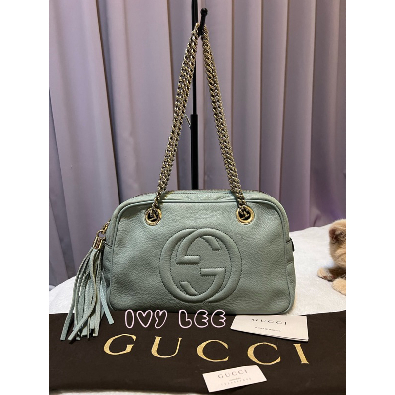 GUCCI 308983 牛皮灰藍綠色 soho 銀鍊 流蘇 肩背包/手提包 二手精品