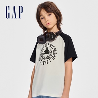 Gap 兒童裝 Logo/小熊印花純棉圓領短袖T恤-黑白撞色(890474)