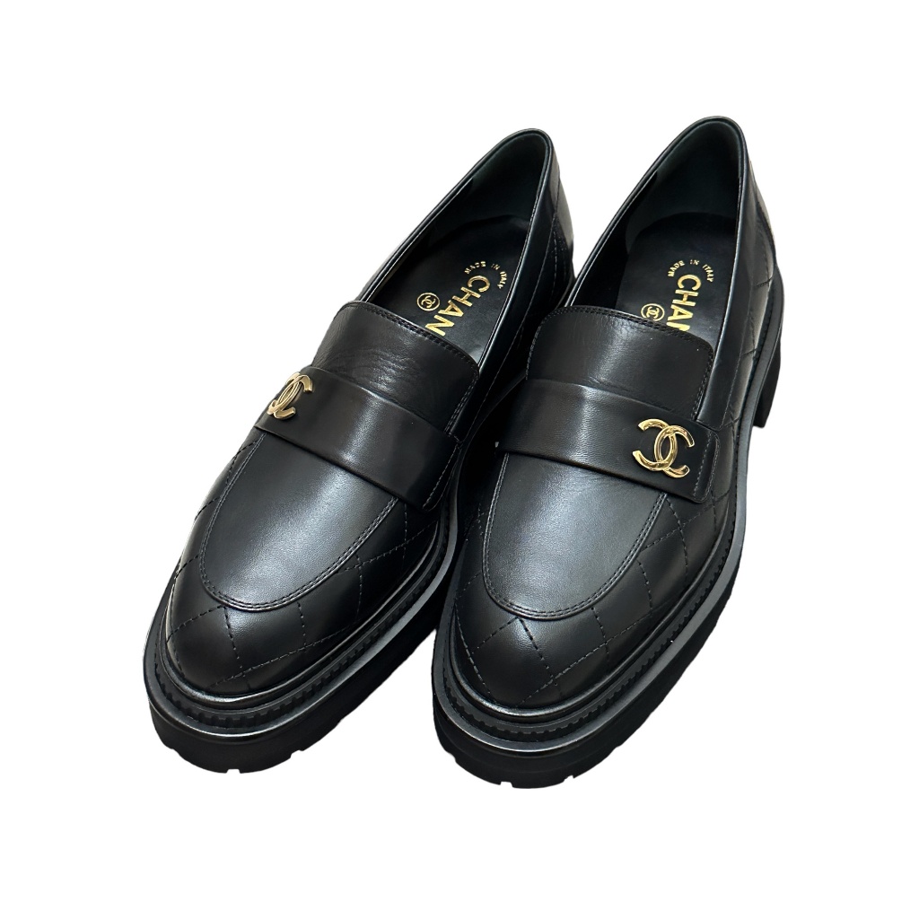台灣現貨 美國代購 Chanel 香奈兒 23A 厚底樂福鞋 38.5號 黑金 小香