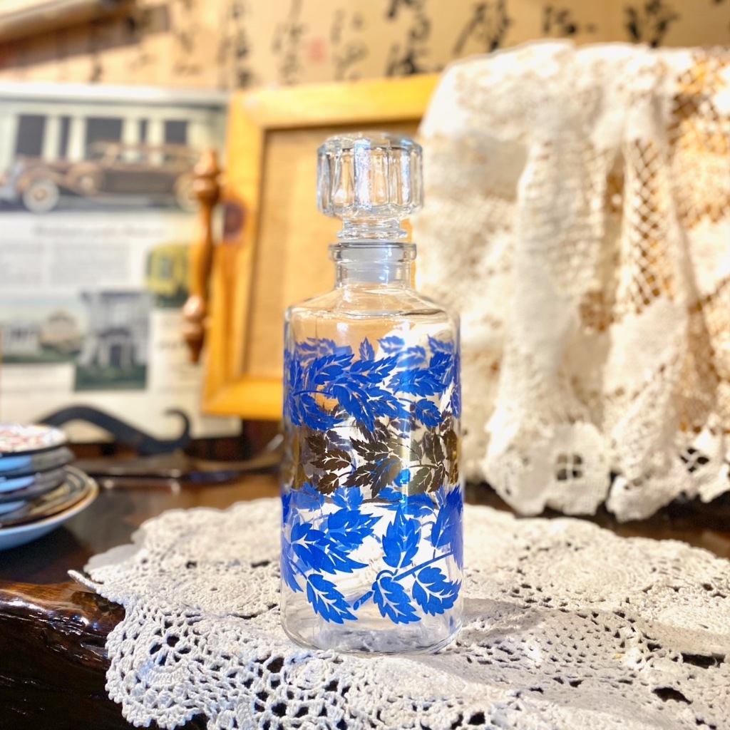 Luminarc Decanter 復古法國鈷藍色金箔葉子造型玻璃罐 💛🍃💙✨🍾酒器  國外收藏 居家擺飾