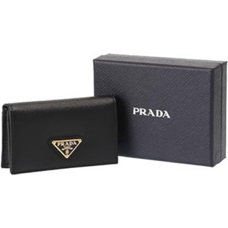 （全新）PRADA 黑色Saffiano金色三角牌 皮革扣式零錢包 卡夾