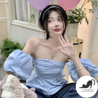 黑貓👗露肩上衣 泡泡袖襯衫 一字領上衣 短袖襯衫女 藍色一字領泡泡袖襯衫女設計感小眾夏季甜辣高腰短版上衣