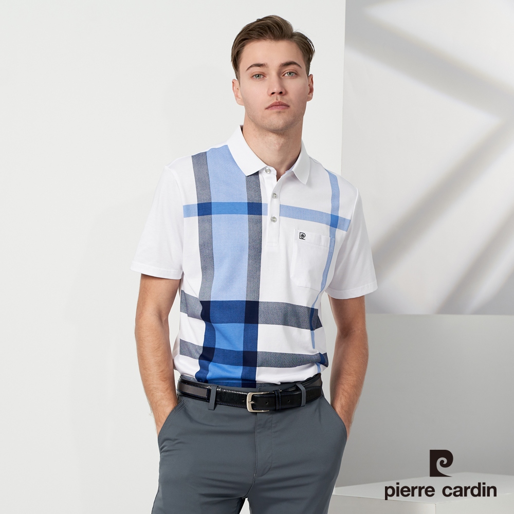 【pierre cardin 皮爾卡登】男款 棉質混紡胸前印格短袖POLO衫-藍色 (5237212-35)