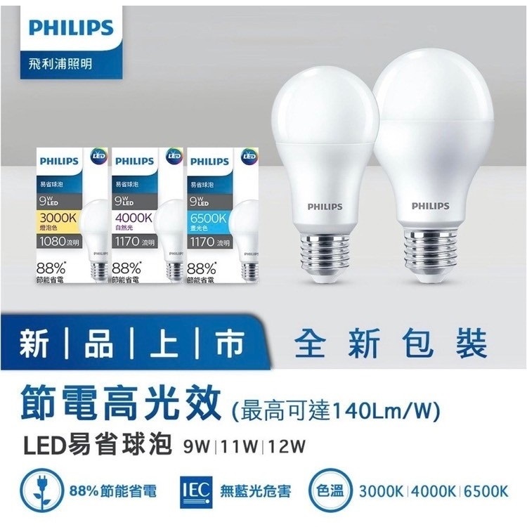 【PHILIPS 飛利浦 含稅附發票】飛利普LED燈泡 3W 9W 11W 12W 護眼無藍光無頻閃 E27頭易省球泡