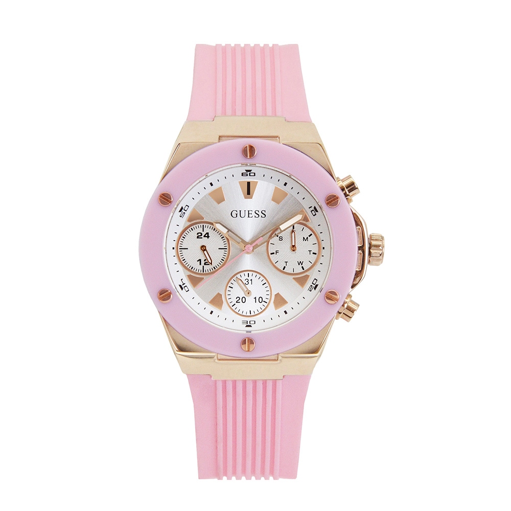 【For You】當天寄出 I GUESS 粉紅色系 白面 玫瑰金框 三眼日期顯示腕錶 矽膠錶帶 手錶