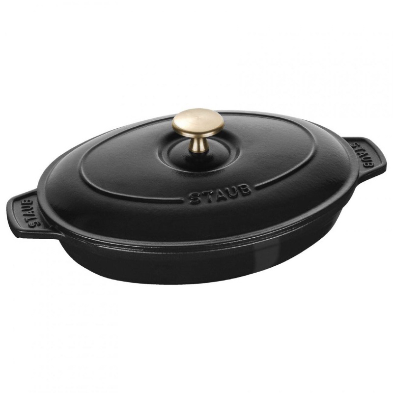 Staub 🇫🇷黑色 莫蘭迪綠 雙耳煎鍋 鑄鐵鍋 淺鍋 煎烤盤 附蓋 圓型 橢圓型 金頭 黑