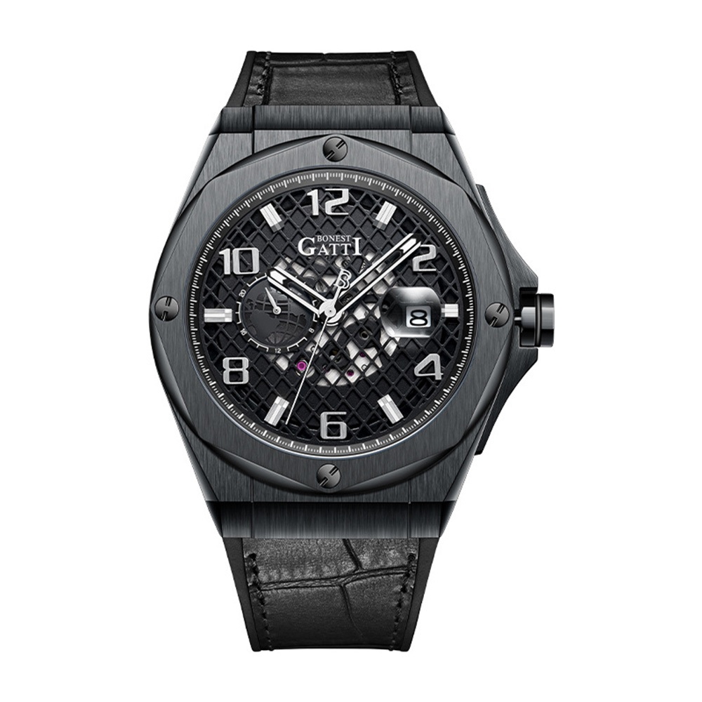 BONEST GATTI 原廠授權布加迪 黑色款 網格錶盤 皮革+橡膠組合錶帶 機械手錶(BG8701-B2)
