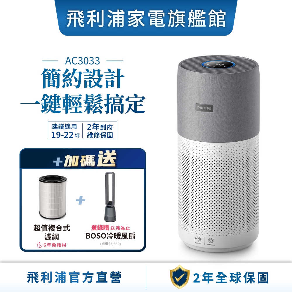 【PHILIPS 飛利浦】 奈米級空氣清淨機 360度高效過濾 適用22坪 AC3033/86