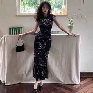 大尺碼旗袍 新中式旗袍 長旗袍 大碼洋裝 胖MM改良式旗袍連身裙女 高階感黑色包臀裙 印花長裙 黑色禮服 長旗袍
