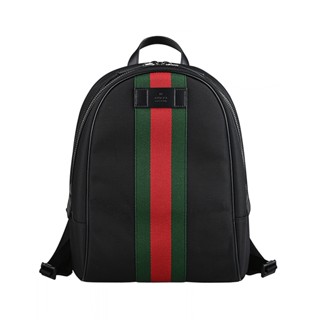 GUCCI SHERRY皮標LOGO綠紅織帶設計帆布拉鍊後背包(黑)