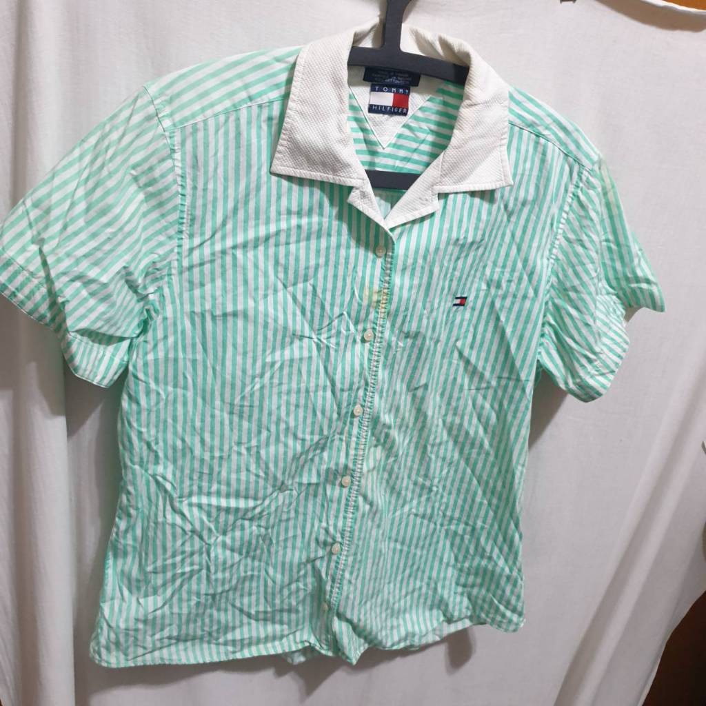 姜小舖超低價TOMMY HILFIGER青綠色白色橫條紋棉質短袖襯衫L號