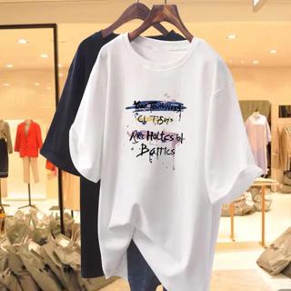 胖胖美依 M-5XL 大碼上衣 大碼女裝 新款字母塗鴉印花圓領短袖女ins韓版純棉半袖上衣潮t卹-1369.