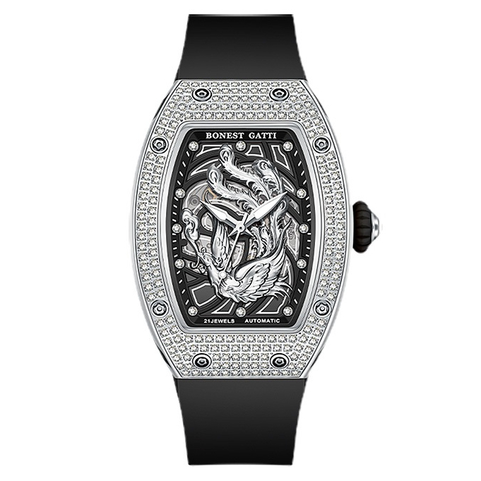 【For You】BONEST GATTI 布加迪 原廠授權 - 銀色x晶鑽 鳳凰雕刻 酒桶造型黑色氟橡膠錶帶 女錶