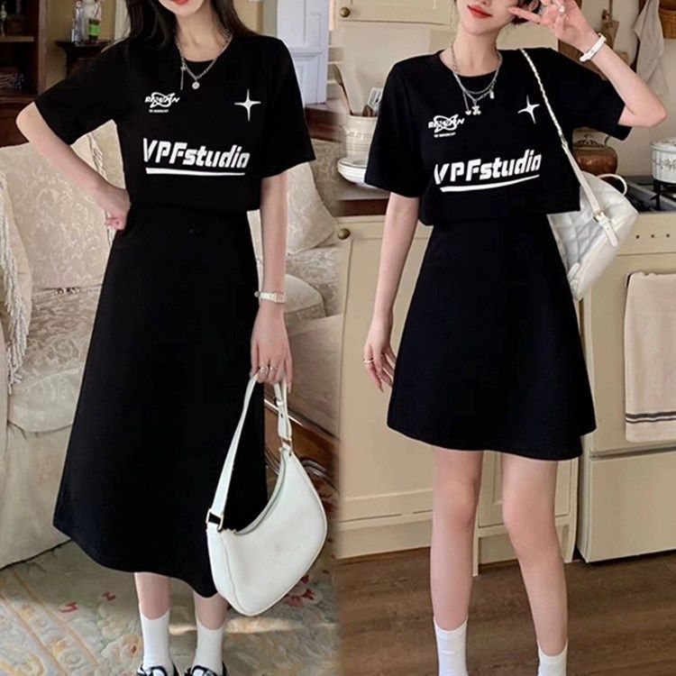 佰分佰/100kg內可穿/大尺碼洋裝/夏裝/假兩件/黑色連衣裙/T恤裙/遮肚/寬松/顯瘦長裙/連身裙/女生洋裝