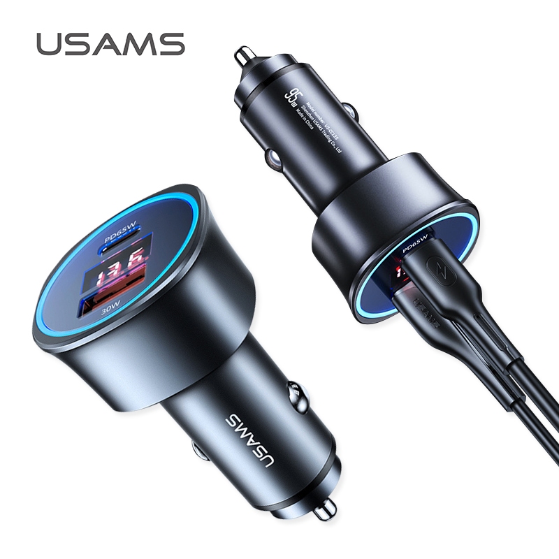 USAMS USB+PD 電壓數位顯示 雙孔快充 95W 超大功率 車充 汽車充電器 充電頭 可充筆電 Switch