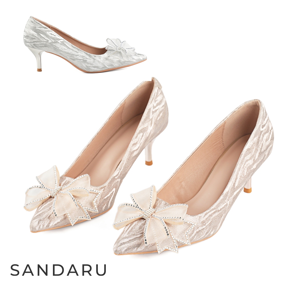 山打努SANDARU-跟鞋 蕾絲造型蝶結珠光中跟包鞋