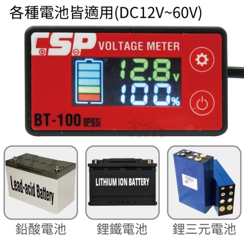 ￼￼
CSP BT100 數位電壓表 顯示電壓百分比 IP65 防潑水 電壓表深循環電池 鋰電池專用數位表頭

