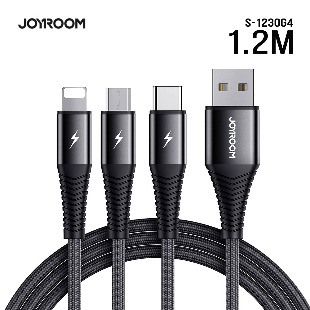 JOYROOM S-1230G4 鋁合金編織 3A快充一拖三充電線1.2M 平果/Micro/Type-C 一分三充電線