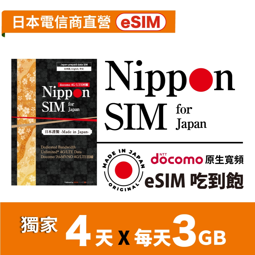 Nippon SIM 日本原生 esim 4天x3GB 吃到飽🇯🇵日本製 Docomo 高速網卡 iPhone掃碼 長效