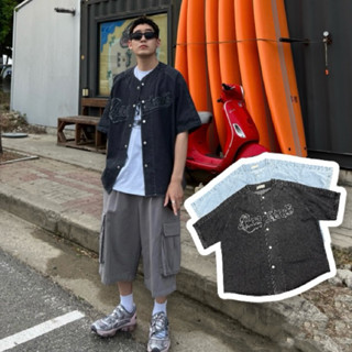 ［現貨］韓國 正韓 刺繡 牛仔 短袖 棒球罩衫 球衣 時尚 水洗 男裝 休閒 女裝 運動 oversize 襯衫 寬鬆