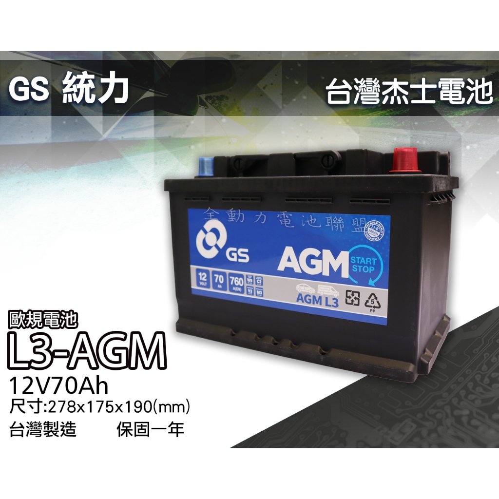 全動力-GS 統力 LN3 AGM 歐規電池 12V 70Ah 免加水 汽車電池 啟停車 怠速熄火裝置