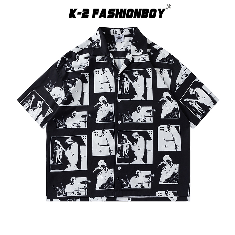 【K-2】黑白膠片 搖滾樂團 ROCK 樂團夢 表演 古巴襯衫 滿版 花襯衫 短袖襯衫 復古 襯衫 Y2K【H3501】