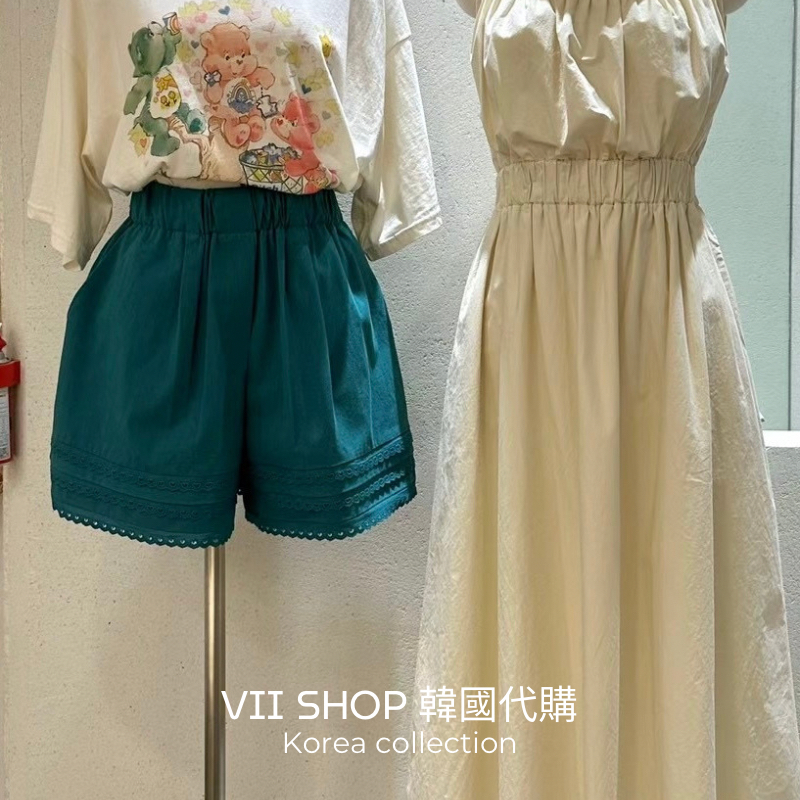 孔雀綠現💛貨✨viishop✨正韓🇰🇷四月新款｜好美的孔雀綠新色 鏤空小愛心滾邊休閒短褲#240420｜韓國設計