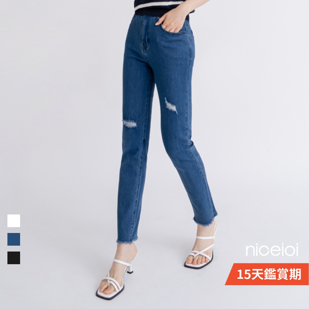 【niceioi】高腰牛仔褲 牛仔褲 破洞牛仔褲 高腰牛仔褲藍色 S+纖塑收胯刷破九分窄管褲 (共3色) 超值推薦