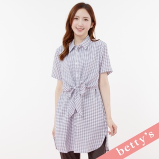 betty’s貝蒂思(31)長版知性格紋腰間綁帶襯衫(灰藍色)
