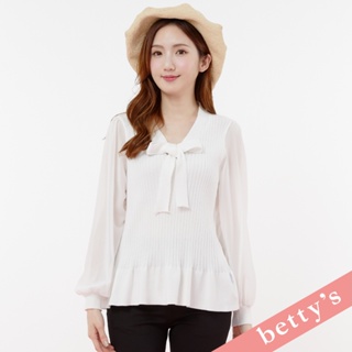 betty’s貝蒂思(31)泡泡雪紡袖拼接直紋綁帶針織上衣(白色)
