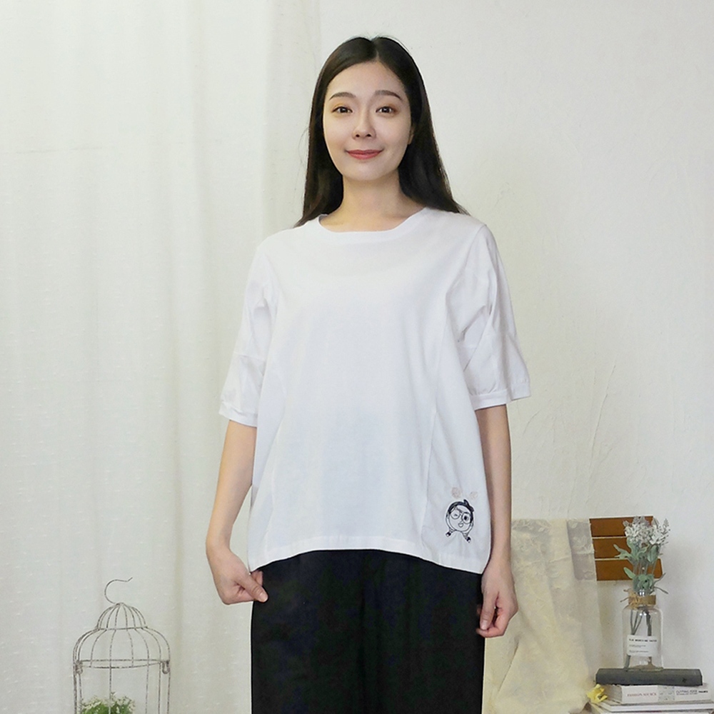 花木馬日系女裝針梭織拼接繡花貼布休閒T恤