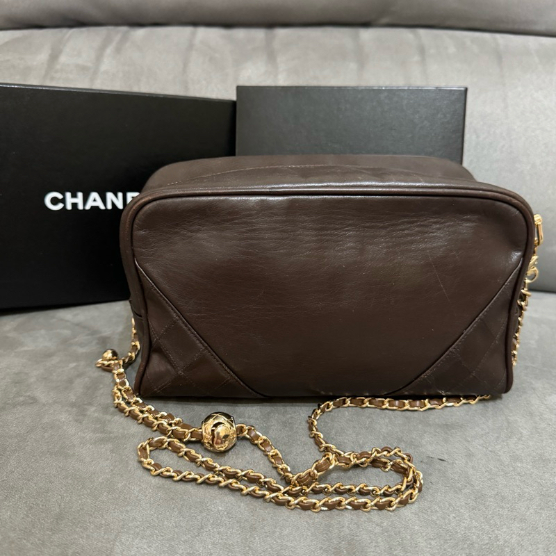 現貨老香Chanel vintage 23cm 巧克力棕色菱格外縫線牛皮金釦 手拿鏈條斜背包