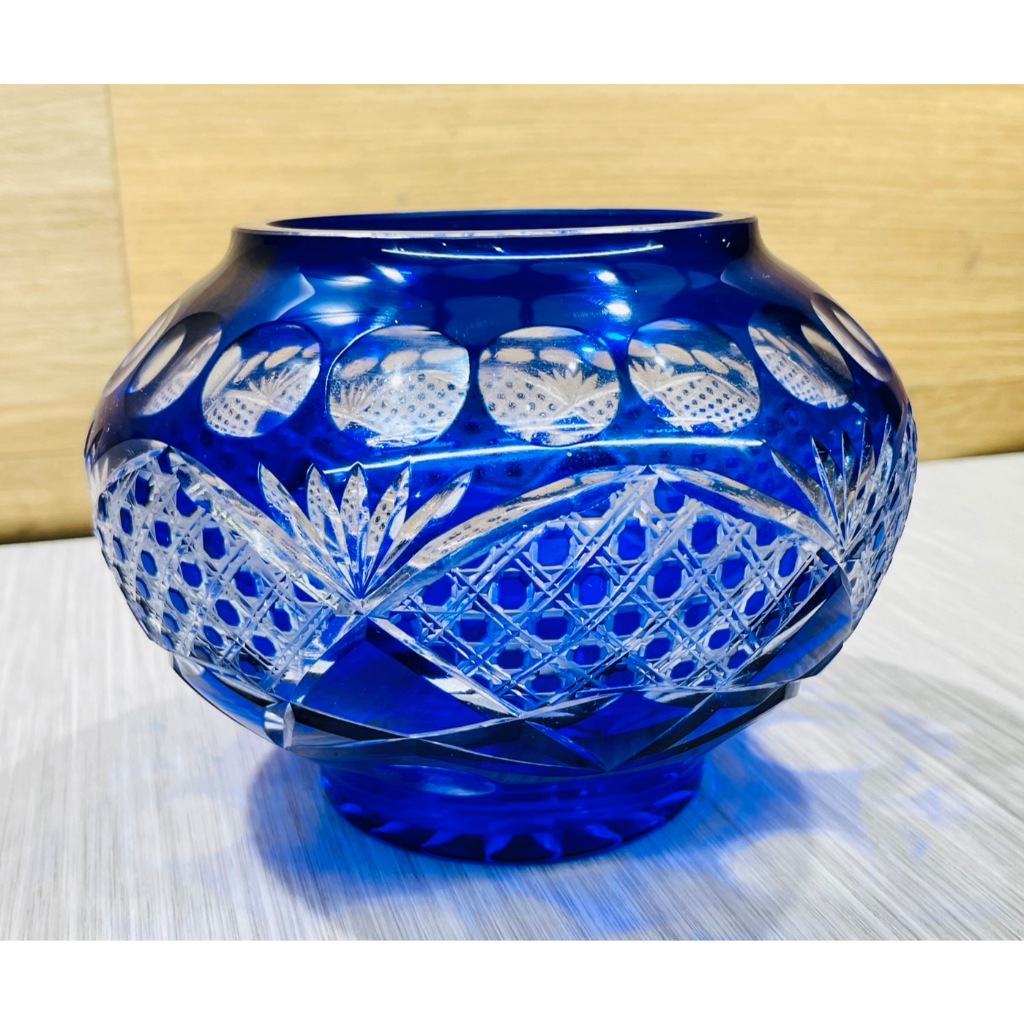 日本傳統硝子工藝 切子製品 藍色雕花 玻璃大碗 零食罐 置物盒 小物收納