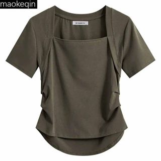 現*貨佰分佰/100kg內可穿/純棉/大尺碼女裝/夏裝/褶皺/方領/正肩短袖T恤/設計感/收腰/短版/顯瘦上衣/女生上衣