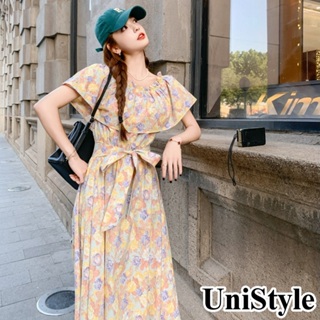 【UniStyle】一字肩短袖洋裝 韓系碎花法式浪漫風 女 ZM199-7096(碎花裙)