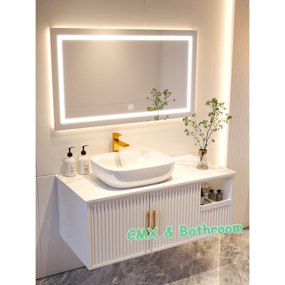 浴櫃 浴室櫃組合 現代簡約 岩板一體防水防潮實木收納櫃 智能鏡櫃 衛生間洗漱台 洗臉池 美妝智能方鏡