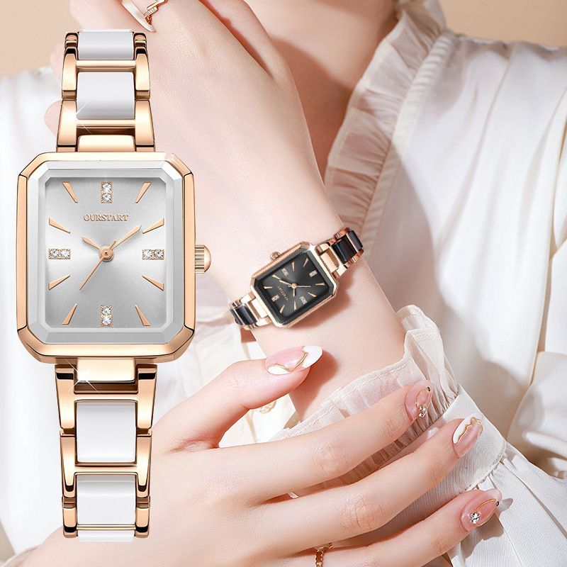 新款陶瓷手錶女 白色長方形石英女錶 簡約時尚鋼帶女學生手鍊表百搭