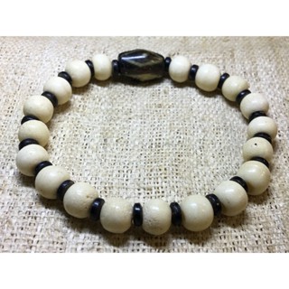 T109 緬甸 邦提克珠/長15mm 木化石珠+骨珠手串