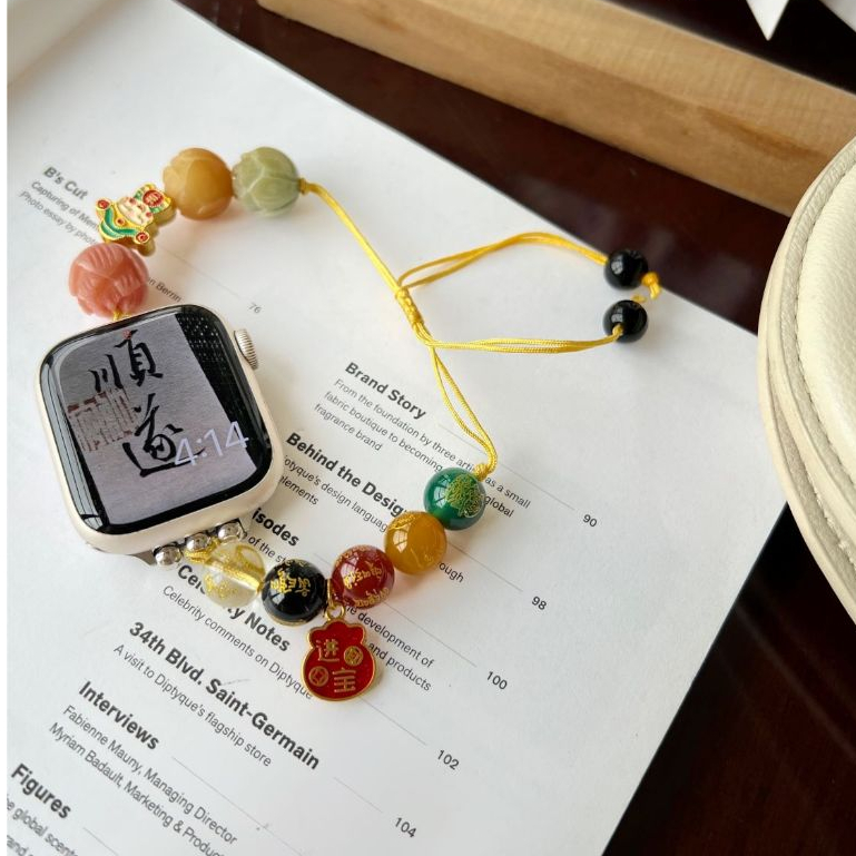 Apple watch  s9【新中式】蓮藕掛飾拉繩錶帶適用於apple watch蘋果手錶S987國風夏款
