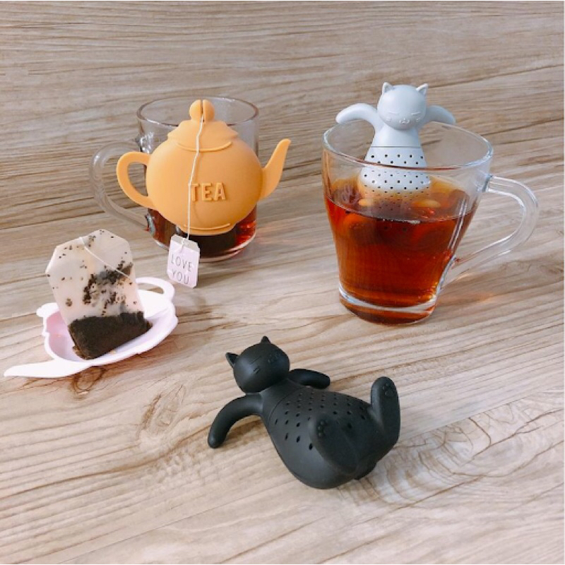泡澡貓咪造型矽膠濾茶器 茶壺造型兩用茶包固定器