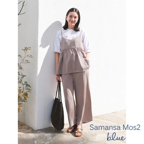 Samansa Mos2 blue 涼感素材-素面腰鬆緊寬鬆長褲(FG46L0F0280)